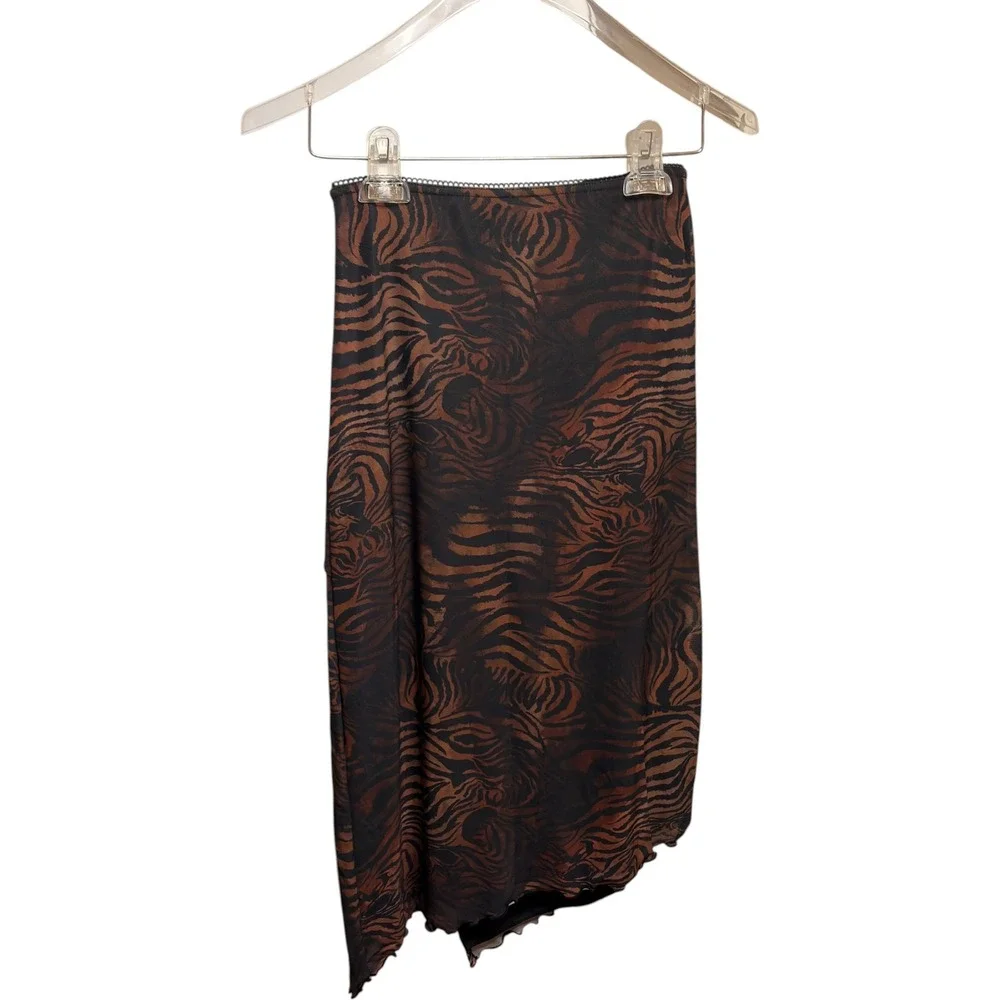 Brown Tiger Print Mesh Midi Skirt Asymmetrical Lettuce Hem Side Slit Bow Trim